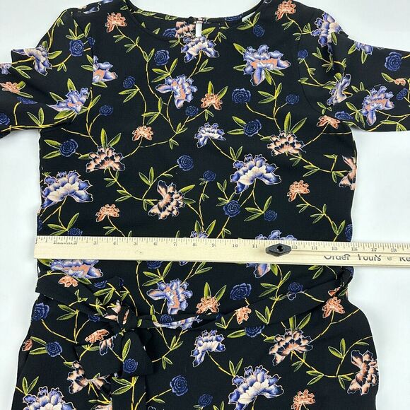 H&M Black Floral Sheath Dress Belt Tie Waist Keyhole Back High Neck Sz 4 Career - Picture 5 of 14